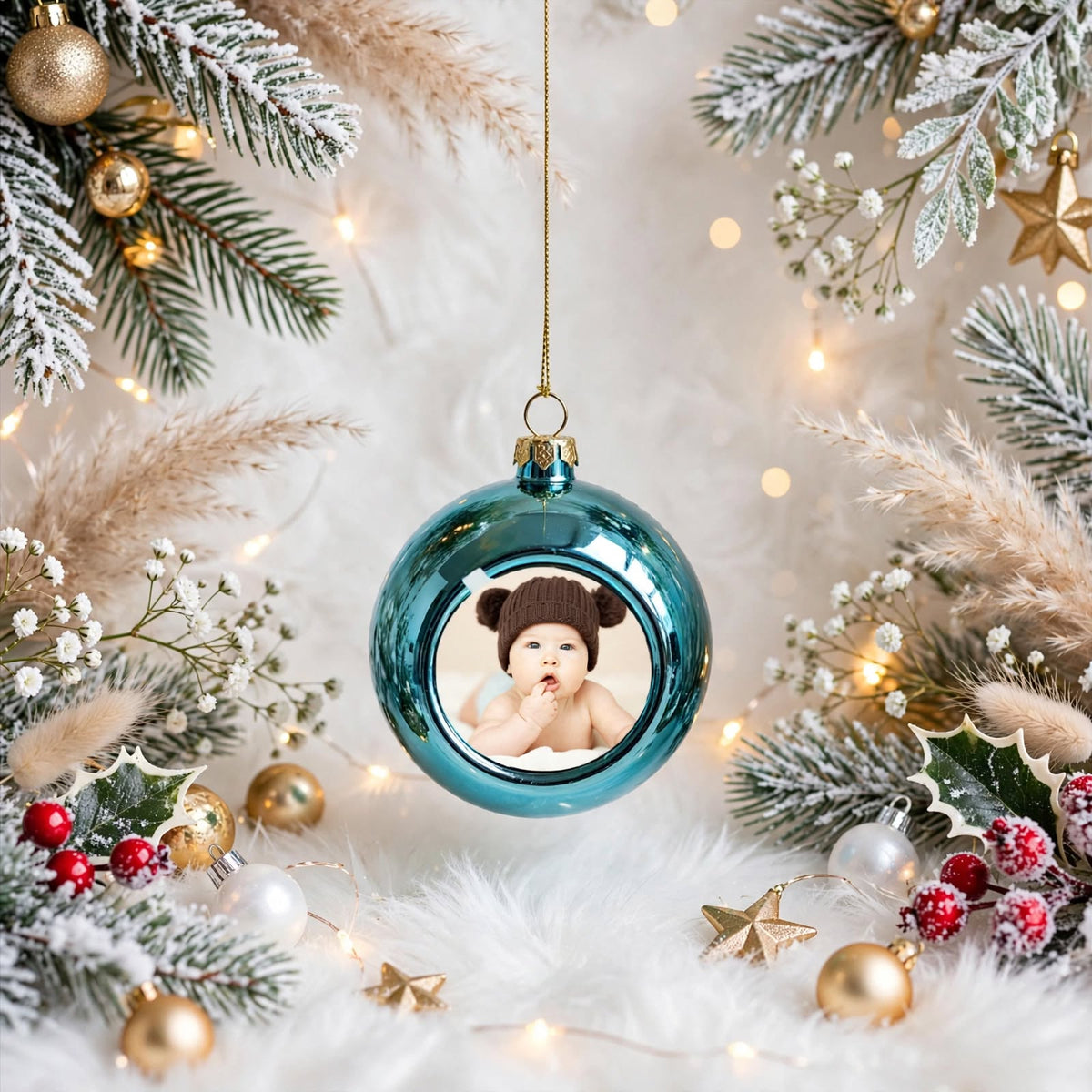 Boule de Noël bleue avec photo