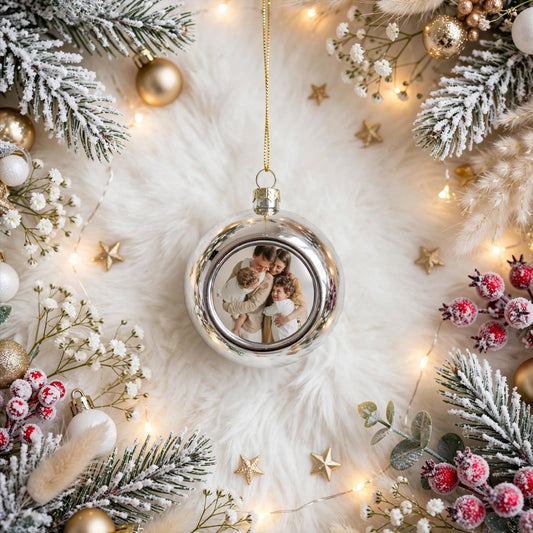 Boule de Noël grise avec photo